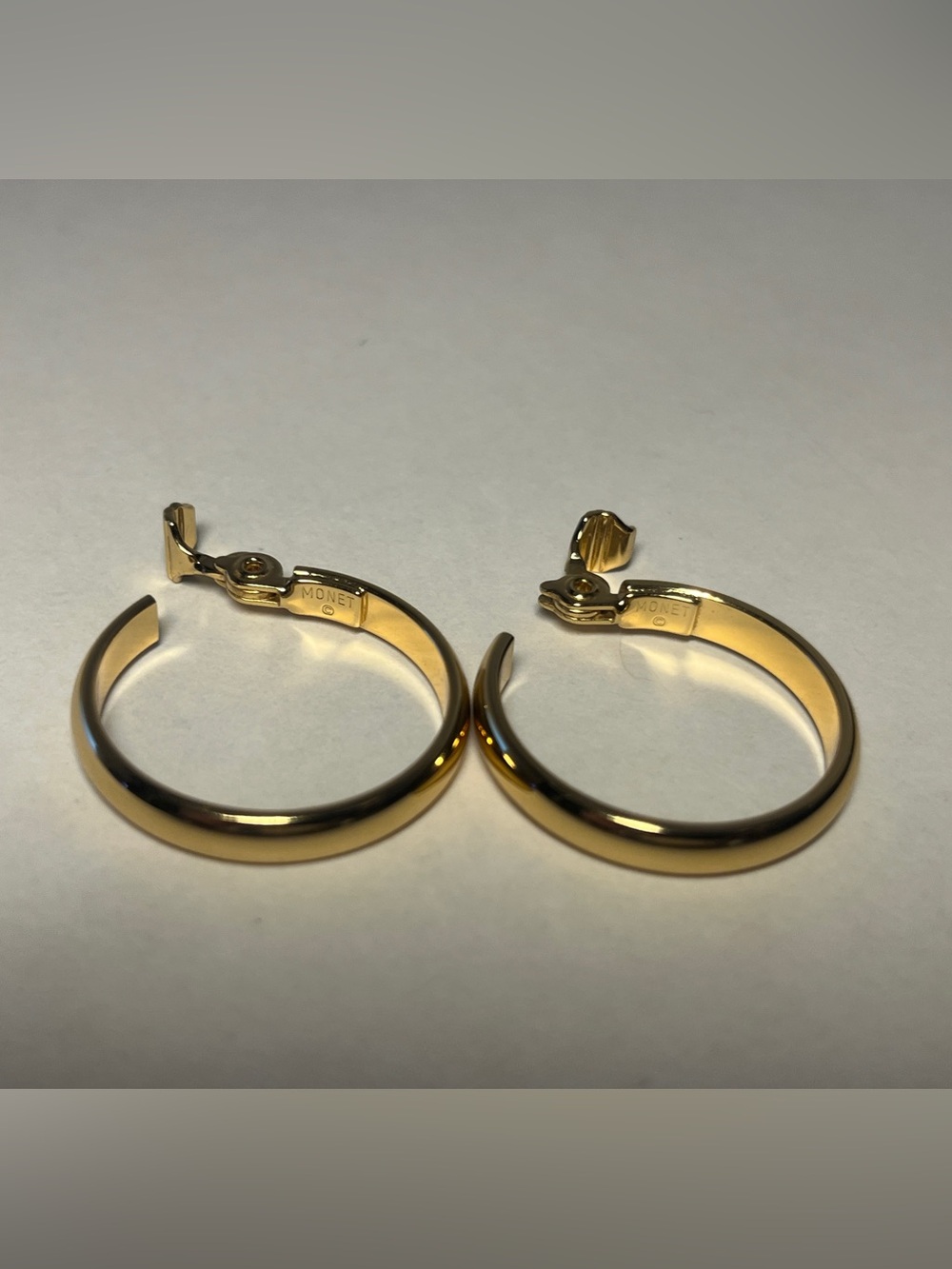 MONET SIGNED Vintage Goldtone Mid-Century Clip-On Hoop Earrings